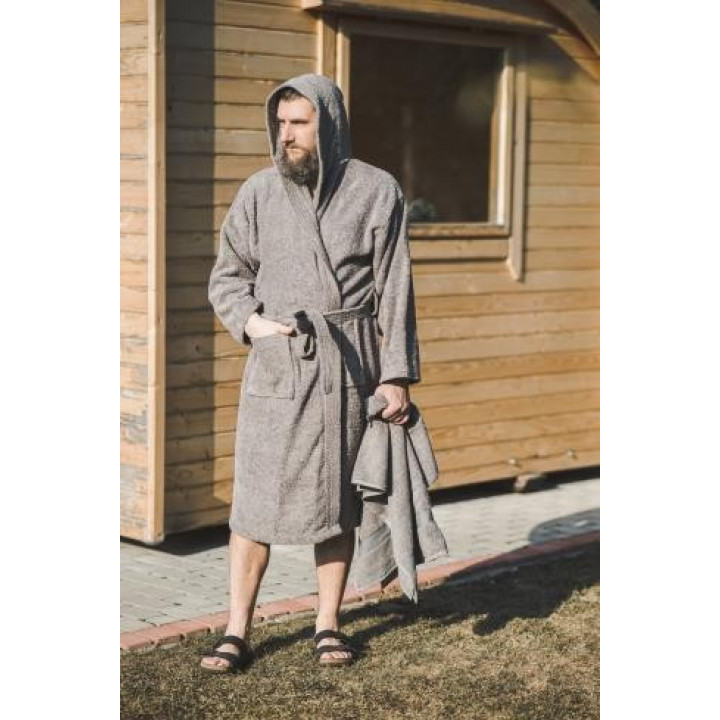 Памучен халат с качулка, сив XXL