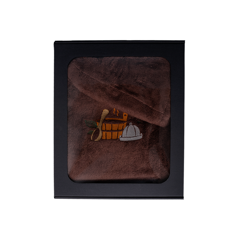 Подаръчен комплект в подаръчна кутия за НЕГО. Мъжка шапка за сауна и престилка - КАФЯВА