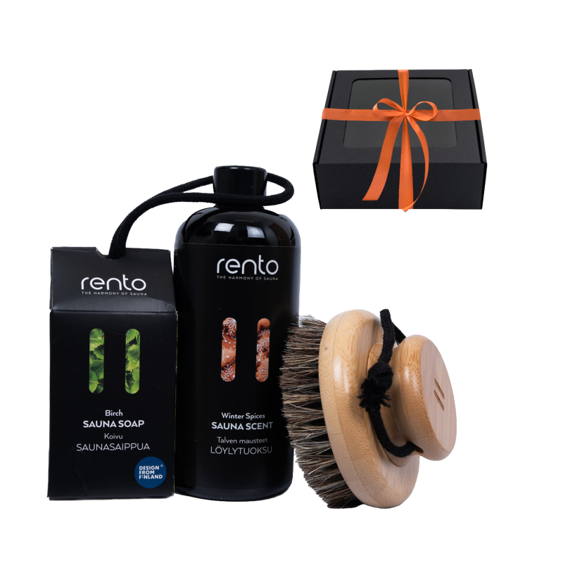 Подаръчен комплект в подаръчна кутия ЗИМНИ ПОДПРАВКИ. Ароматна есенция, четка за тяло и сапун.