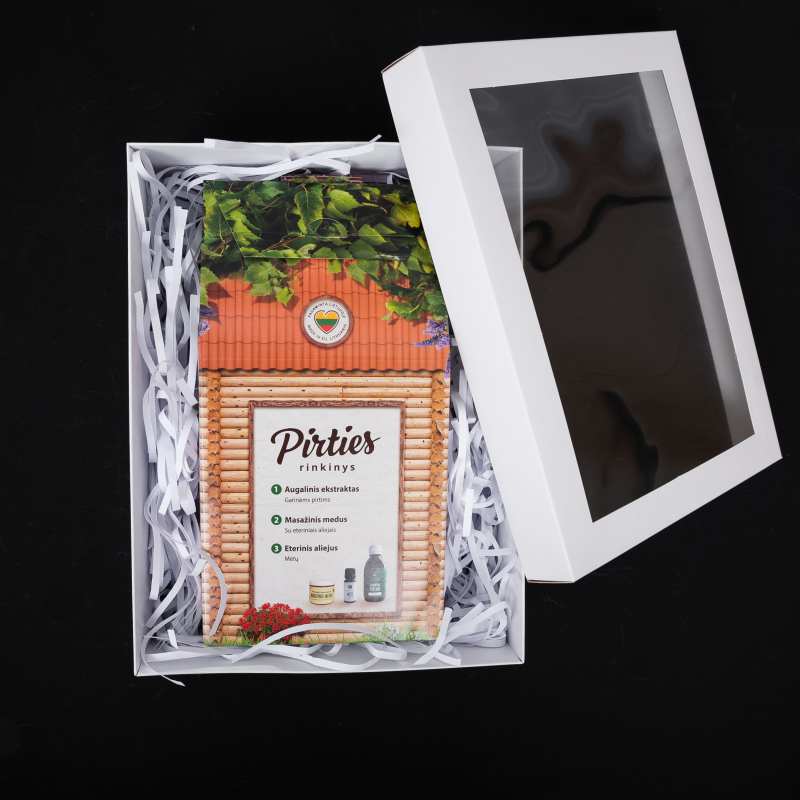 КОМПЛЕКТ ЗА САУНА в подаръчна кутия. Етерично масло от евкалипт, мед за масаж и етерично масло от мента